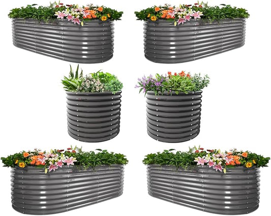 A ANLEOLIFE 6-Piece 30 Inch Extra Tall Galvanized Raised Garden Beds Kit, Large Oval & Round Metal Planters – Ideal for Backyard Vegetables Flowers Herbs, Quartz Grey