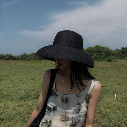 Wide-Brim Classic Elegant Style Foldable Straw Hat Women's Retro UV Resistant Sun Hats for Outdoor, Beach and Travel