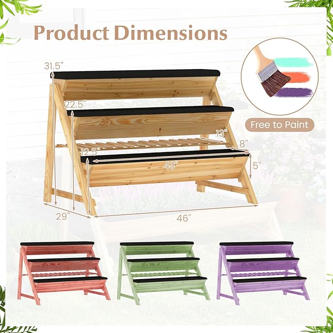 3-Tier Raised Garden Bed, Vertical Garden Planter w/Storage Shelf, Bed Liner & 2 Side Hooks, Wood Elevated Planter Box Outdoor for Plants Vegetables Flowers Herbs,Natural (46" x 29" x 31.5")