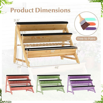 3-Tier Raised Garden Bed, Vertical Garden Planter w/Storage Shelf, Bed Liner & 2 Side Hooks, Wood Elevated Planter Box Outdoor for Plants Vegetables Flowers Herbs,Natural (46" x 29" x 31.5")