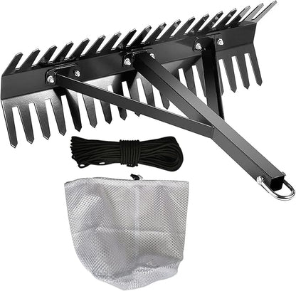 Pond Rake,Weed Removal Tool，Steel Blades 16-32 inch Aquatic Weed Rake, Double Sided Lake Weed Cutter, Clean Aquatic Weeds Muck Silt Lake Rakes, Lake Weed Rake with 66ft Rope (32 inch)