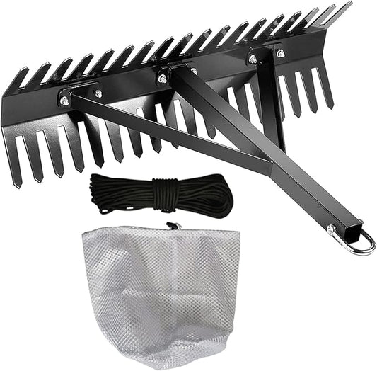 Pond Rake,Weed Removal Tool，Steel Blades 16-32 inch Aquatic Weed Rake, Double Sided Lake Weed Cutter, Clean Aquatic Weeds Muck Silt Lake Rakes, Lake Weed Rake with 66ft Rope (32 inch)