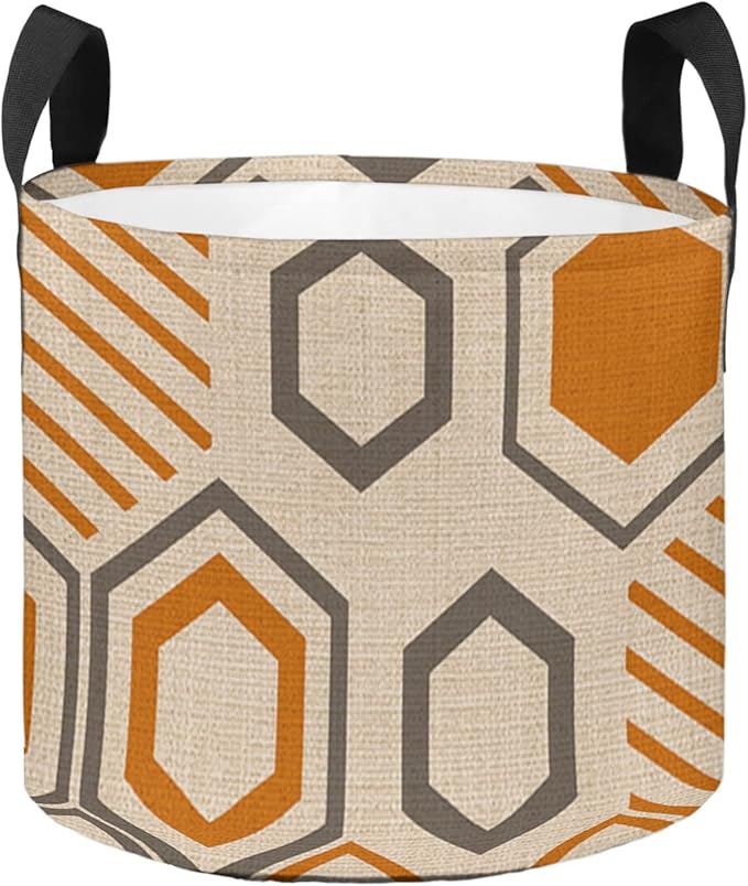 10 Gallon Grow Bags Vintage Geometric Orange and Grey Stripe - Thickened Garden Planting Bag with Handles,Hexagon Art on Retro Burlap Felt Fabric Planter Pots for Vegetables Potato Tomato