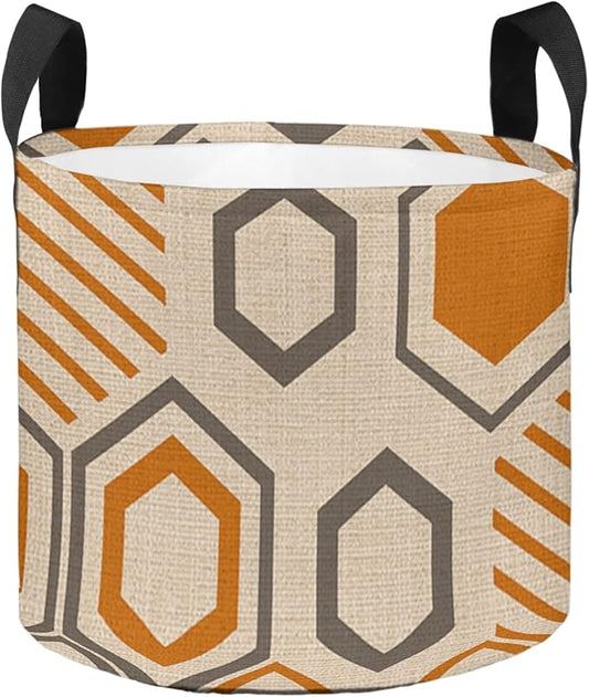 10 Gallon Grow Bags Vintage Geometric Orange and Grey Stripe - Thickened Garden Planting Bag with Handles,Hexagon Art on Retro Burlap Felt Fabric Planter Pots for Vegetables Potato Tomato