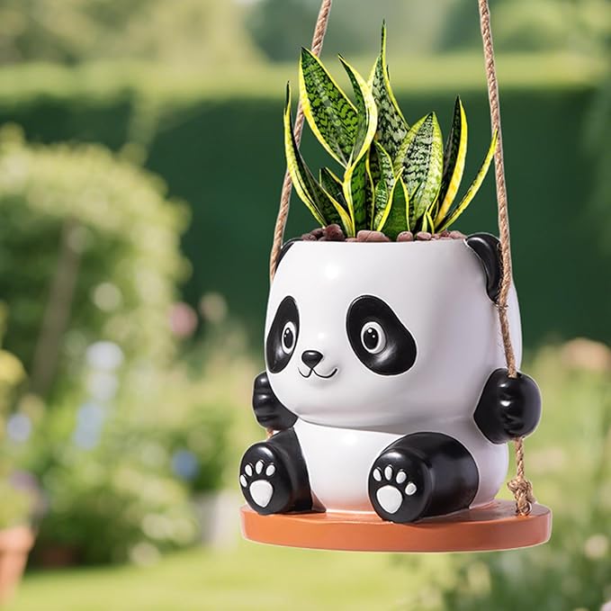 Swing Panda Hanging Planters for Indoor Plants, Cute Succulent Pots with Drainage Hole, Small Hanging Flower Pots Outdoor, Panda Gifts for Plant Lovers (Boy-White)