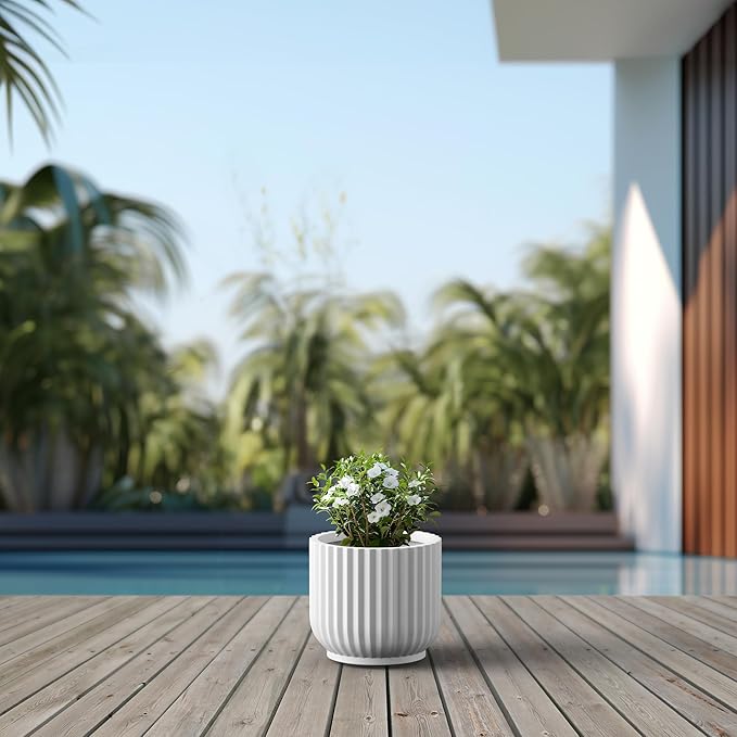 Kante Round Fulted Planter, 14 Inch Dia Large Concrete Plant Pots with Drainage Hole and Rubber Plug, Modern Decor for Indoor Outdoor Plants, Flower, White