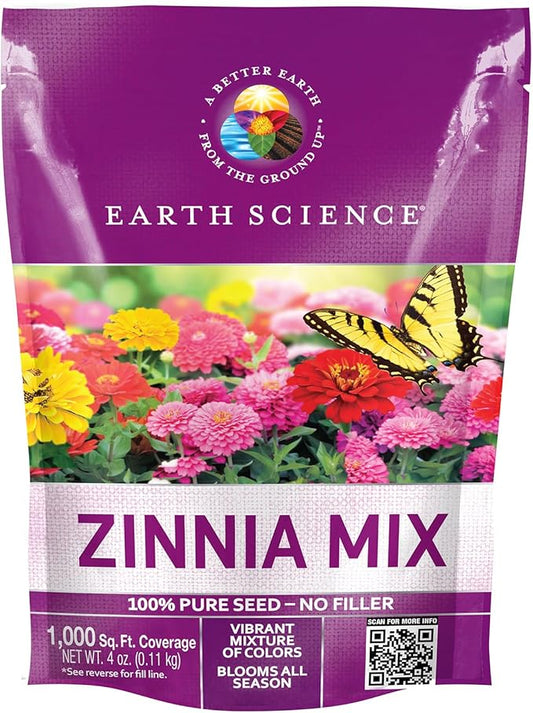 Earth Science Zinnia Seeds - 4oz – Premium Easy-to-Grow, Hearty, Bright and Vibrant Flower Blooms to Enhance Visual Aesthetics of Home & Garden, and Attract Pollinators - Non GMO