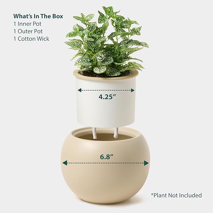Ceramic Self Watering Plant Pot | 6.8 Inch Pot with 4.5 Inch Opening for Plant | Ivory Pot for Indoor Plants | Round Self Watering Planter | Bottom Watering Pots for Indoor Plants