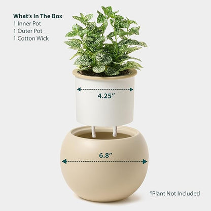 Ceramic Self Watering Plant Pot | 6.8 Inch Pot with 4.5 Inch Opening for Plant | Ivory Pot for Indoor Plants | Round Self Watering Planter | Bottom Watering Pots for Indoor Plants
