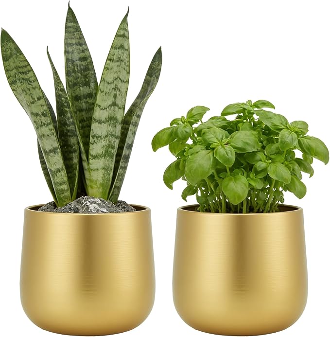 6.3'' Gold Plant Pots Vase for Indoor Plants, Metal Planters with Drainage Hole Waterproof Liner, Set of 2 Modern Decorative Round Gold Planter for Tabletop Succulents Snake Cactus