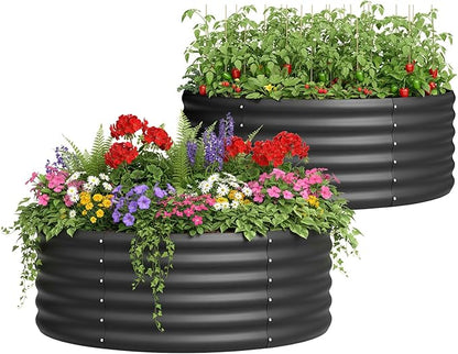 DDK Galvanized Raised Garden Bed, Round Outdoor Planter Bed, 4x4x1.5ft Metal Planter Box for Gardening and Planting,2Pack,BK