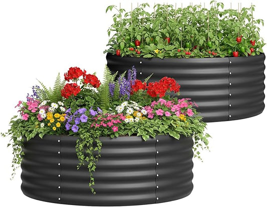 DDK Galvanized Raised Garden Bed, Round Outdoor Planter Bed, 4x4x1.5ft Metal Planter Box for Gardening and Planting,2Pack,BK