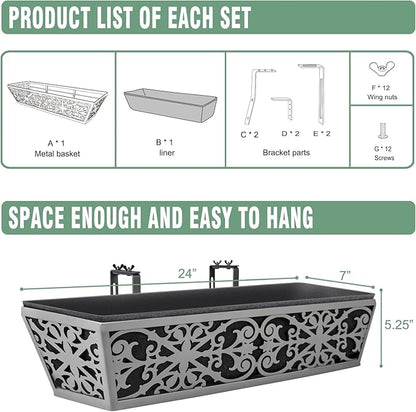 4 Pack 24 Inch Window Boxes Planter for Outdoor Plants Deck Railing Planters Box with Adjustable Brackets for Porch Fence Balcony Hanging Flower Baskets with Non-Woven Fabric Liner for Garden Decor