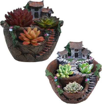 OUNONA Fairy Garden Planter Creative Flower Pot Holders with Hanging Garden Design Micro Landscape Succulent Plants for Indoor and Outdoor Plant Decor 3-Pot Planter with Sweet House for Desk Balcony