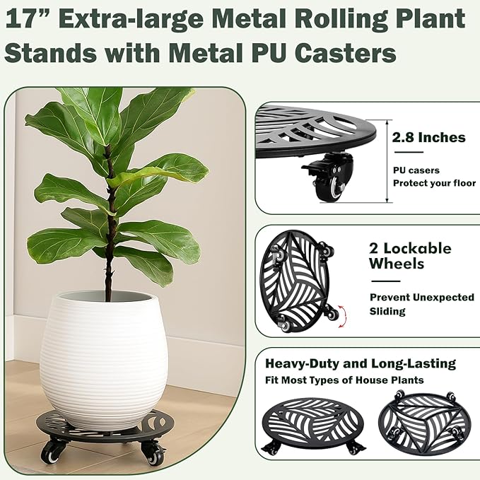 1 Pack Metal Plant Caddy with Wheels 17 inches Heavy-Duty Iron Rolling Plant Stand with Casters Indoor Outdoor Wheeled Plant Roller Base Pot Movers Plant Dolly Coaster Trolley Black