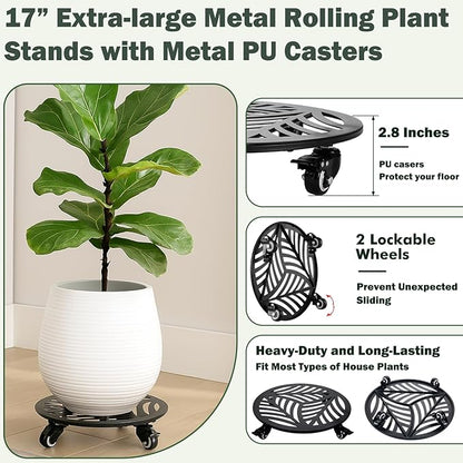 1 Pack Metal Plant Caddy with Wheels 17 inches Heavy-Duty Iron Rolling Plant Stand with Casters Indoor Outdoor Wheeled Plant Roller Base Pot Movers Plant Dolly Coaster Trolley Black