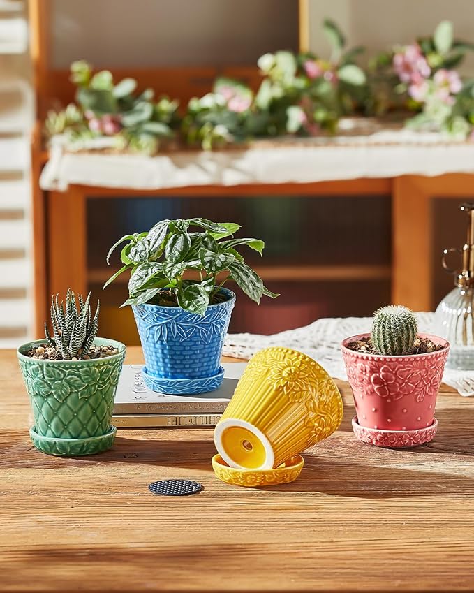 Succulent Ceramic Pots, 3.8 Inch Small Plant Pots with Drainage Hole & Saucer, Flower Planter Pot for House Plants Cacti, Home Decor, Set of 4, Assorted Colors
