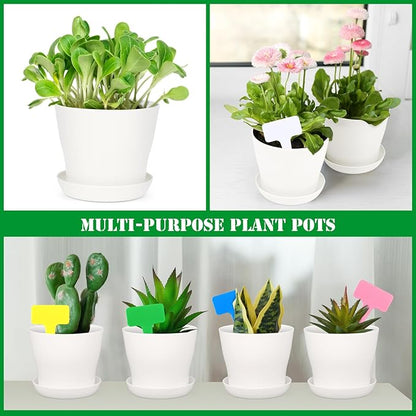 48 Pack Plastic Planters 4 Inch Flower Plant Pots Indoor Set Thickened Seedling Nursery Pots Seed Starting Pots with Drainage Holes Saucers, Mini Garden Tools for Home Office Garden, White