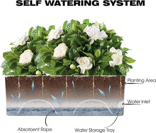 Self Watering Planters Pots for Indoor Plants, 2 Pack 17 Inch Plastic Planter Box Flower Pots for Indoor Outdoor Plants, Rectangle Herb Planter Window Boxes Planters with Drainage