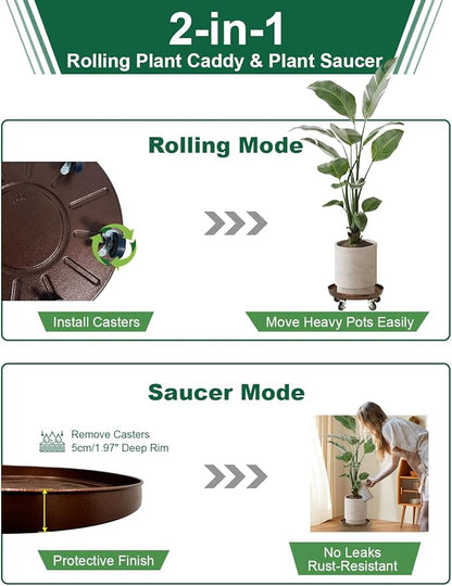 Plant Saucer 16" Rolling Plant Caddy Rolling Plant Stand with Wheels – Heavy Duty Metal, Locking, Sturdy, Rust-Resistant Finish, and Easy to Move, 420 lb Capacity