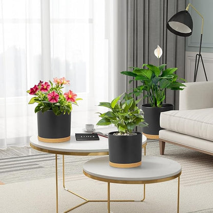 8/7/6 inch Flower Pots, 3 Pack Cylinder Plant Pots for Outdoor Indoor Plants, Decorative Plastic Planters with Drainage Holes and Saucers for Garden House Plants, Black with Brown