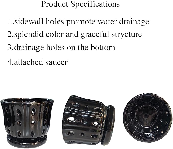Ceramic Orchid Pot with Attached Saucer and Drainage Hole 6'' Orchid Planter (Black)
