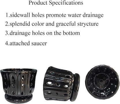 Ceramic Orchid Pot with Attached Saucer and Drainage Hole 6'' Orchid Planter (Black)