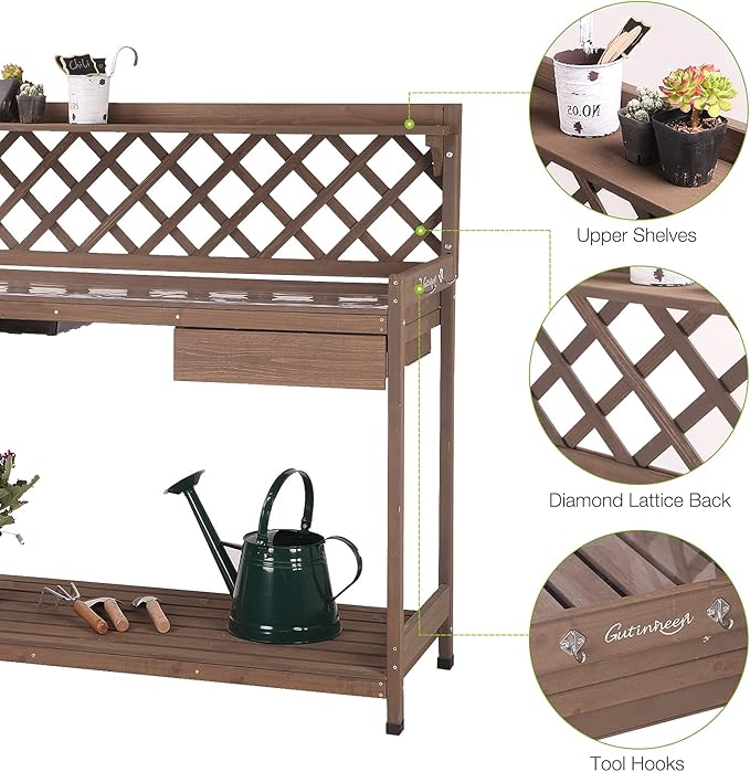 Outdoor Potting Bench, Wooden Garden Workstation Table w/Drawer, Open Shelf, Lower Storage- Extra PVC Layer