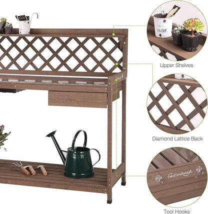 Outdoor Potting Bench, Wooden Garden Workstation Table w/Drawer, Open Shelf, Lower Storage- Extra PVC Layer