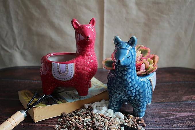 Alpaca Succulent Pots, 2 Pc. Set Animal Planter, Decorative Ceramic Planters for Indoor Home Decor Living Room Kitchen or Outdoor Garden Red and Blue