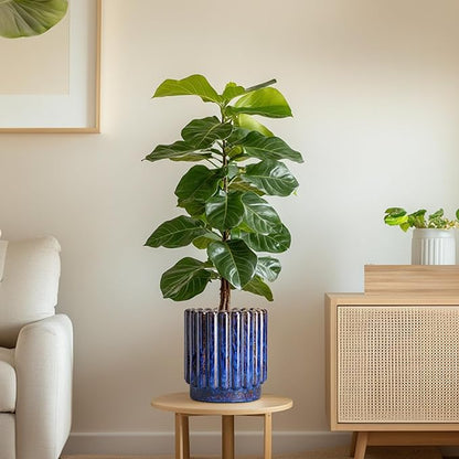 Ceramic Pots for Plants - 7.6 Inch Plant Pots Indoor with Drainage Hole, Fluted Round Ceramic Planter Outdoor, Modern Flower Planter, Home Office Living Room Decor, Garden Gifts, Blue