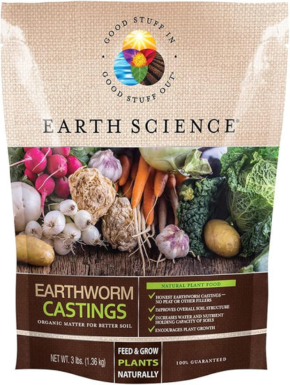 Earth Science Earthworm Castings – 3 lb—Premium Plant Fertilizer for Indoor & Outdoor Plants – Soil Enhancer for Vegetable Gardens