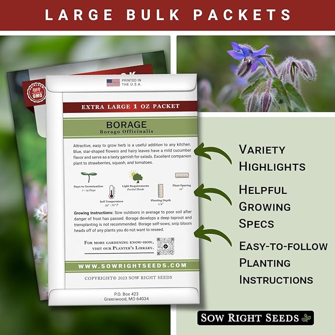 Sow Right Seeds - Bulk Borage Seeds for Planting - 1 Ounce, 1200 Seeds - Non-GMO Heirloom - Jumbo Pack with Instructions to Plant a Home Herb Garden Outdoors - Enjoy a Bountiful Harvest