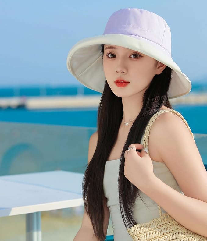Wide Brim Women Sun Hat Summer Beach Bucket Fishing Hats Metal Wired Edge Packable UV Protection for Hiking Garden Travel