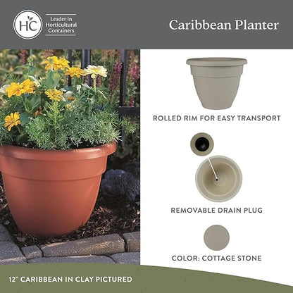 The HC Companies 8 Inch Caribbean Planter Pots with Drainage & Plug, Rolled Rim Plastic Planters for Indoor Outdoor Plants, 4-Pack Decorative Flower Pots for Garden, Office & Home Decor, Cottage Stone