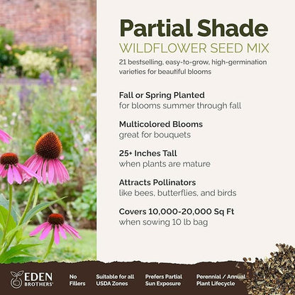 Eden Brothers Partial Shade Wildflower Mixed Seeds for Planting, 10 lb, 4,800,000+ Seeds with Sweet William, Foxglove | Attracts Pollinators, Plant in Spring or Fall, Zones 3, 4, 5, 6, 7, 8, 9, 10