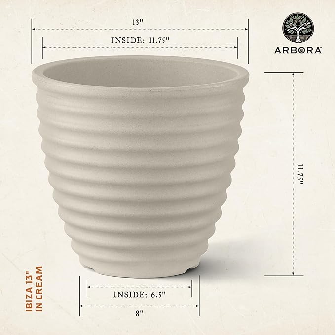 ARBORA 13" Ibiza Polyresin Indoor and Outdoor Planter with Classic Cream Finish - Durable, Weatherproof, Lightweight, Large Plant Pot for Patio, Garden, Deck, Entryway