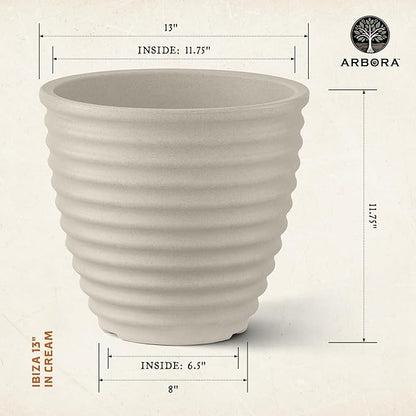 ARBORA 13" Ibiza Polyresin Indoor and Outdoor Planter with Classic Cream Finish - Durable, Weatherproof, Lightweight, Large Plant Pot for Patio, Garden, Deck, Entryway - 2 Pack