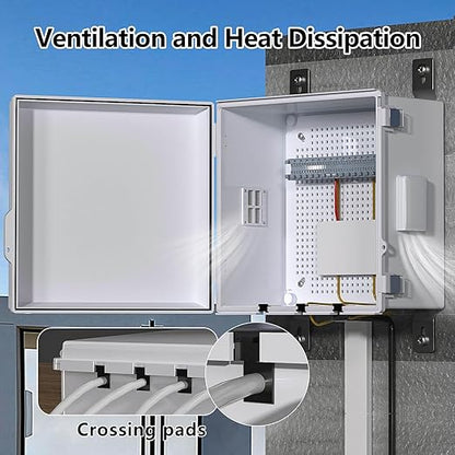 ABS Electrical Junction Box, Ventilated Design, Cable Grommets, IP65 Waterproof Enclosure, Indoor/Outdoor Use with Mounting Panel. (Grey Cover, 11.9"x11.9"x7")