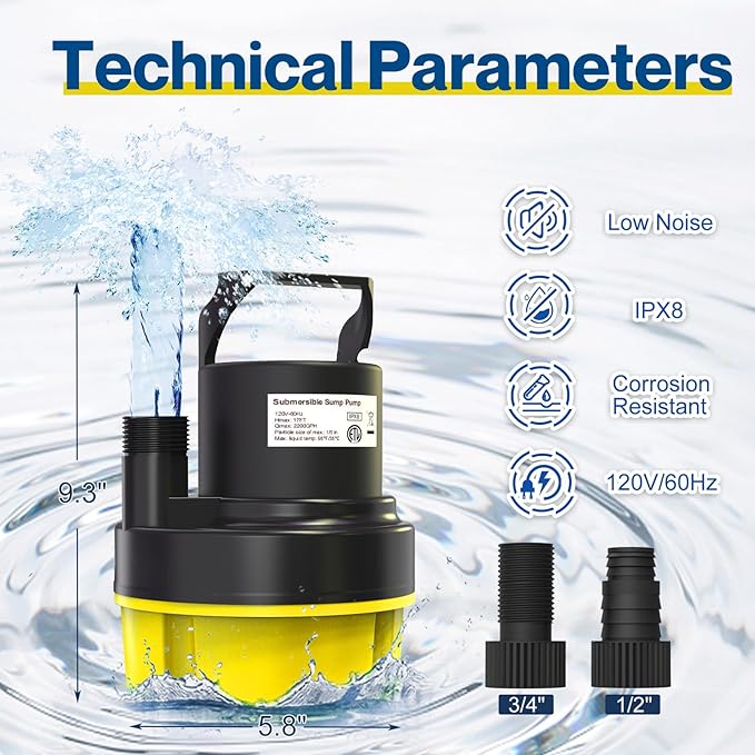 AgiiMan 1/2HP Submersible Water Pump, 2200GPH Portable Sump Pump for Pool Draining, Pool Cover Pump with 25FT Power Cord for Basements, Pool, Fountains, Hot Tub, Garden, Yellow