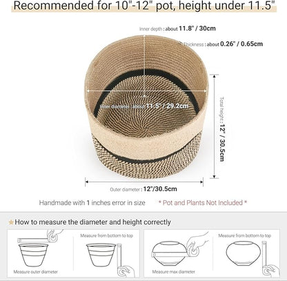 Dahey Jute Rope Plant Basket Modern Woven Storage Basket for 12" Indoor Planter, Decorative Flower Pots Cover Laundry Bin with Handle Rustic Home Decor, Black