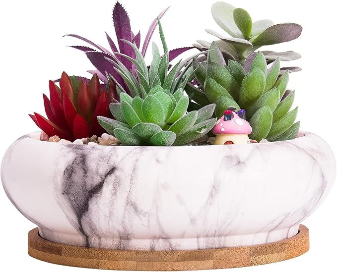 ARTKETTY Succulent Pots - 7.3 Inch Large Bonsai Pots with Drainage Tray, Ceramic Pots for Indoor Plants, Shallow Succulent Planters Marble Cactus Flower Plant Container Bowl