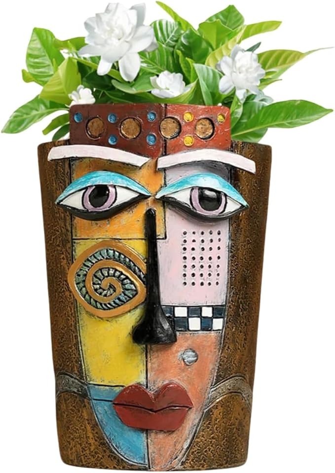 Picasso Abstract Face Flower Pot,Plant Pot with Facial Expressions,Handmade Resin Plant Pot with Drainage Holes,for Indoor and Outdoor Botanical Home décor (Brown Small)