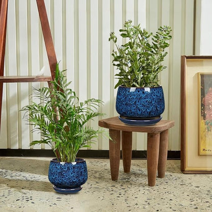Blue Ceramic Planter Pots with Drainage Holes, Set of 2 7''+5'' Saucers and Mesh Pads Large Round Plant Pot for Indoor-Outdoor Plants, Succulent Orchid Flower