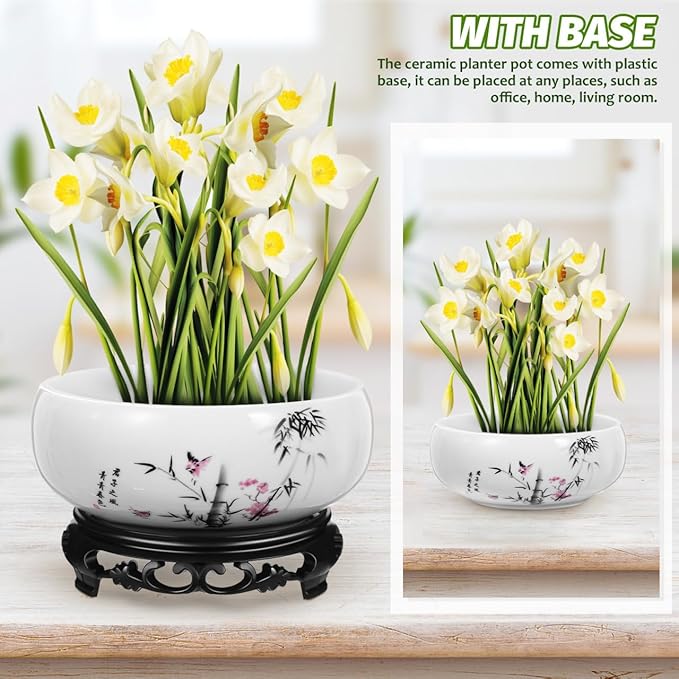 Angoily Lotus Bowl Planter, Water Lily Bowl, Water Lily Pot, Ceramic Planter Pot, Round Ceramic Hydroponic with Plastic Base, Classic Pottery Container for Indoor Plant Storage Decorative Home Office