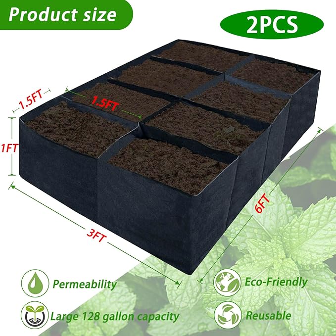 2PCS 6x3x1ft Fabric Raised Garden Bed,128 Gallon 8 Grids Rectangle Plant Grow Bags,Durable Outdoor Planter Raised Beds Pot for Growing Herbs Flowers Vegetables Potatoes Carrots
