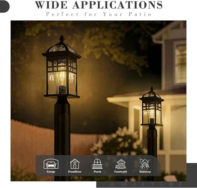 Emliviar 16 Inch Outdoor Lamp Post Light Fixture, Modern Outdoor Pillar Light for Outside, Waterproof Aluminum in Black Finish Seeded Glass, DE281P BK