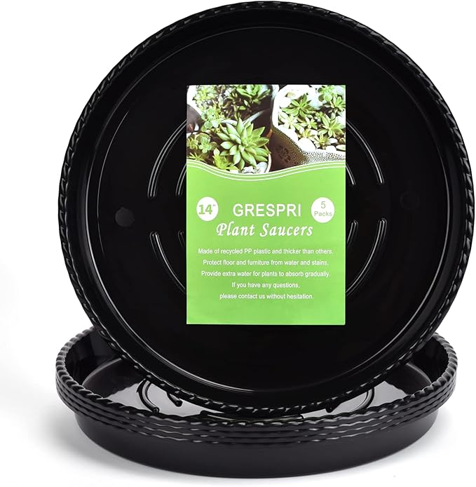 14-Inch Black Plant Saucer for Indoors, 5 Packs Heavy Duty Plastic Plant Trays 12.5 Inches Base, Sturdy 5 Gallon Planter Drip Tray for Outdoors Garden Pots.