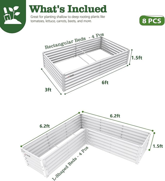 A ANLEOLIFE 8-Piece 18 Inch Tall Antique White Raised Garden Beds Kit, L-Shaped & Rectangular Metal Planters – Ideal for Backyard Vegetables Flowers Herbs