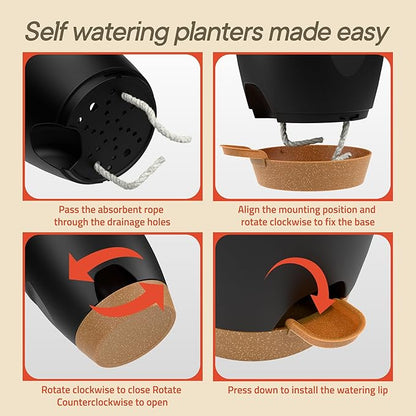 Black Self Watering Pots 5 Pack, Indoor and Outdoor Plant Pots with Wick Rope & Drainage Holes, Easy Watering Lip, Lightweight Plastic Self Watering Planter for Succulents, Houseplants, and Herbs